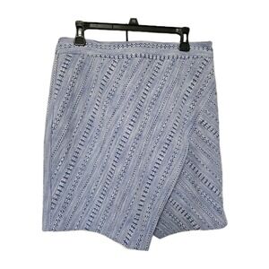 LOFT Skirt Womens 10 Blue White Faux Wrap Textured Stripe Fringe Mini Skirt